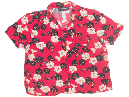 SAG HARBOUR Petite Button-Up Red 90s Collared Floral Short Sleeve Womens L on Sale