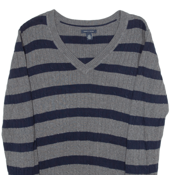 TOMMY HILFIGER Womens Patterned Jumper Grey Striped V-Neck Cable Knit L For Discount