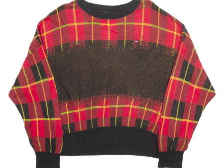 TOMMY HILFIGER Womens Patterned Jumper Red Plaid Tight Knit L Hot on Sale