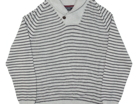 NAUTICA Mens Patterned Jumper Grey Striped Collared Chunky Knit L Online Hot Sale