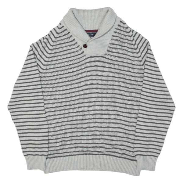 NAUTICA Mens Patterned Jumper Grey Striped Collared Chunky Knit L Online Hot Sale