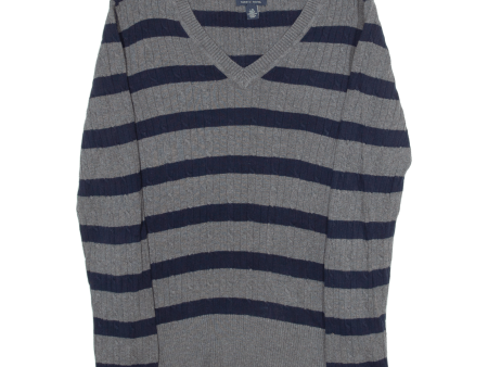 TOMMY HILFIGER Womens Patterned Jumper Grey Striped V-Neck Cable Knit L For Discount