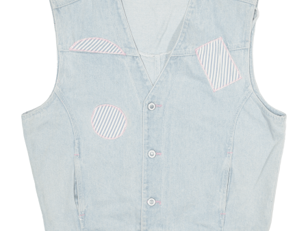 Abstract Patched Womens Denim Waistcoat Blue 90s L Discount