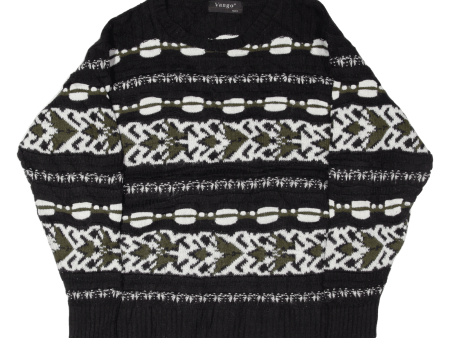 VANGO Mens Patterned Jumper Black Fair Isle 80s Chunky Knit Wool M Supply